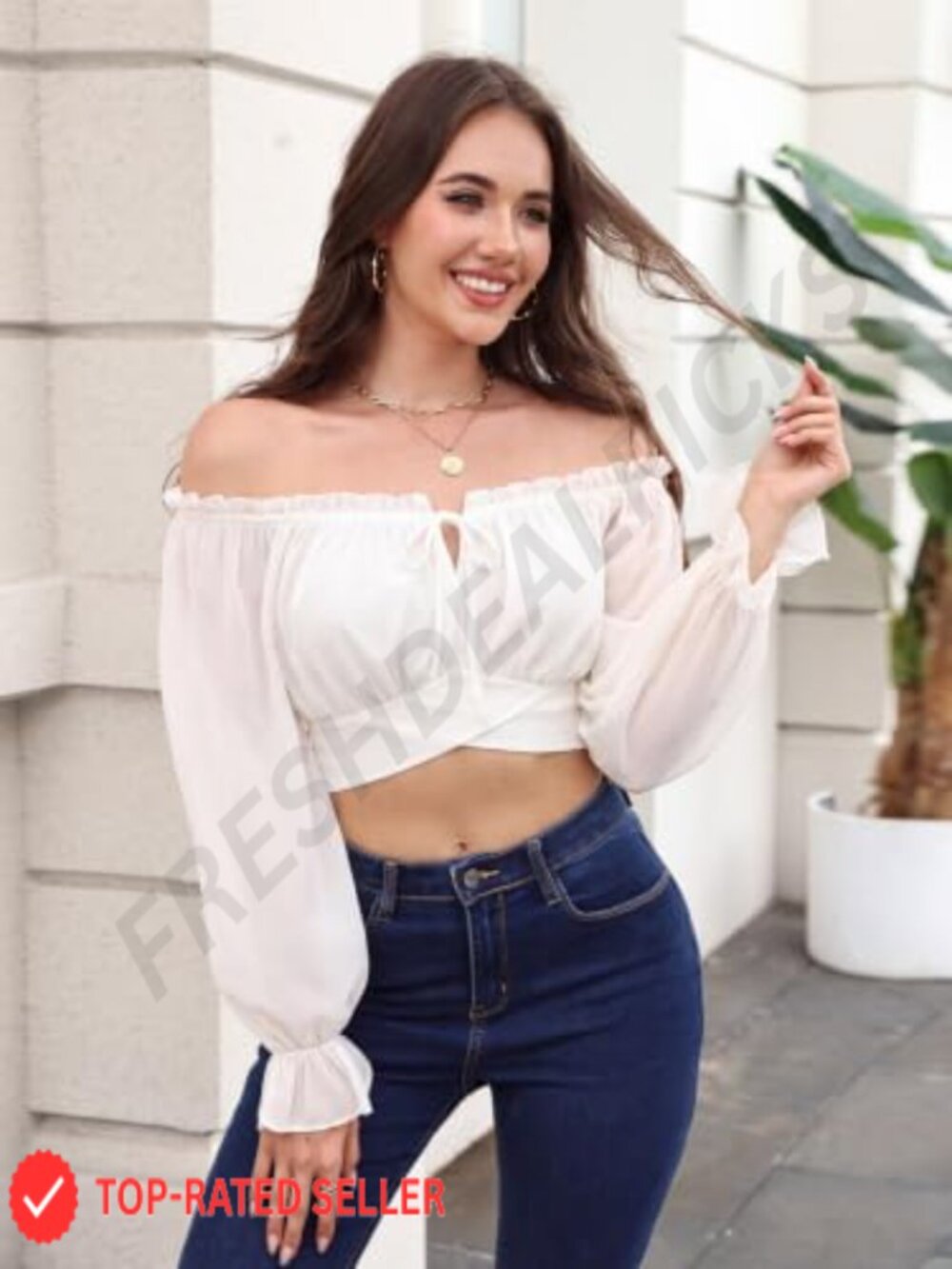 Off Shoulder Crop Top Long Sleeve Blouse Ruffled Cuff Renaissance - Picture 2 of 6